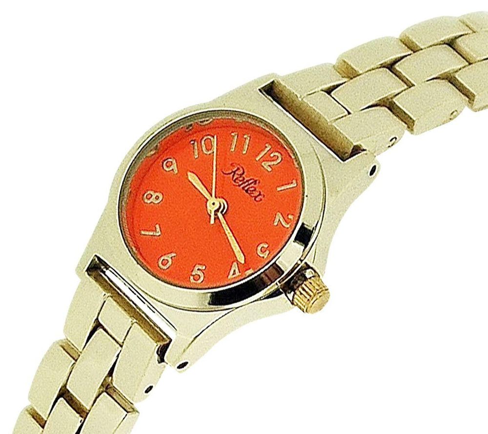 Ladies Metal Analogue Orange Dial Yellow Tone Metal Bracelet Strap Watch