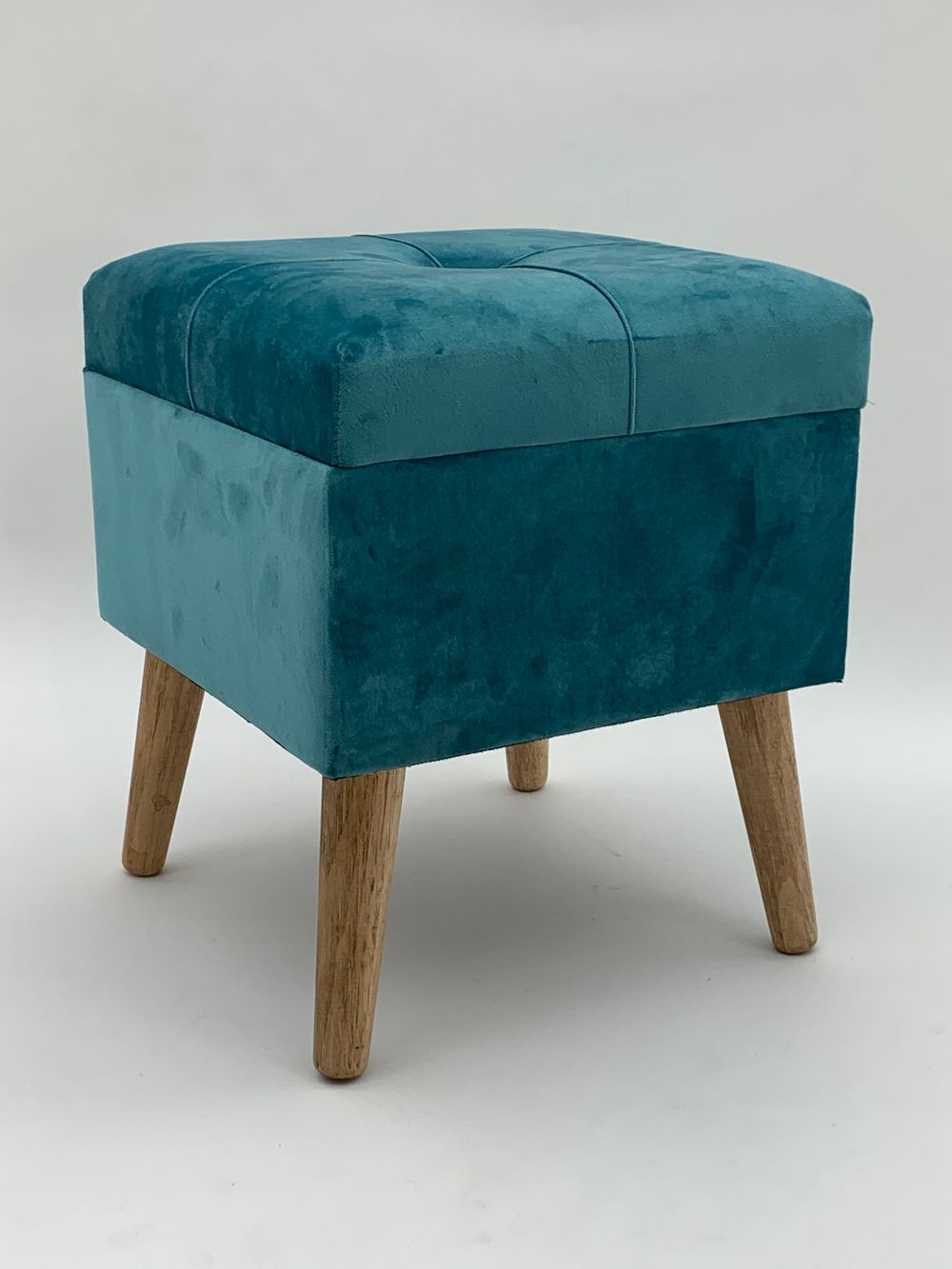 Velvet Footrest Trunk - Blue - Storage Compartment, Wooden Legs