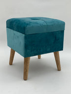 Velvet Footrest Trunk - Blue - Storage Compartment, Wooden Legs