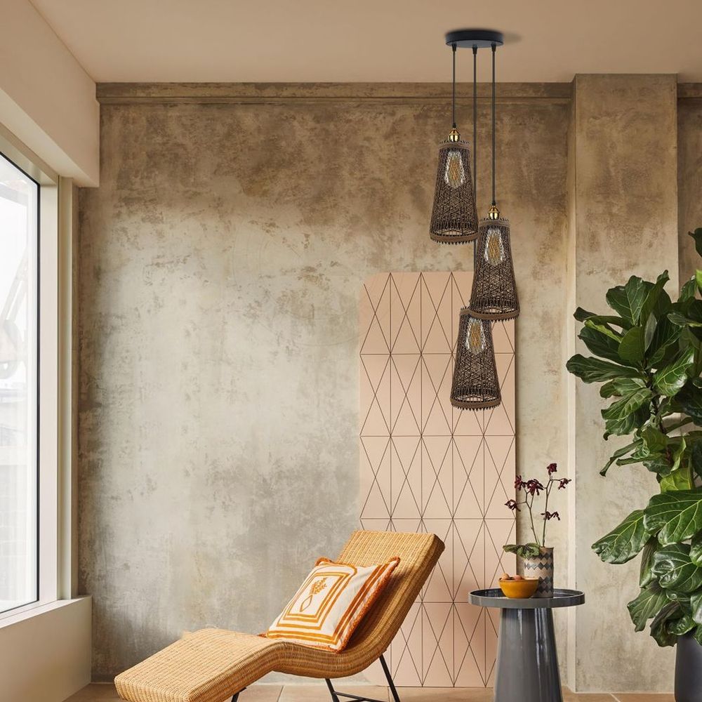 3 Head Natural Wicker Basket Style Retro Industrial Vintage Rattan Ceiling Pendant - 20cm Shade