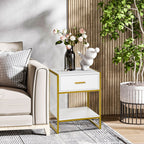 Modern Bedside Table, Nightstand with Drawer Shelf, Side Table for Living room, Bedroom White and Gold