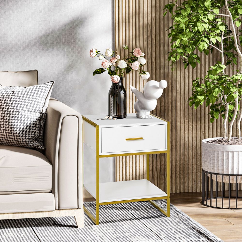 Modern Bedside Table, Nightstand with Drawer Shelf, Side Table for Living room, Bedroom White and Gold