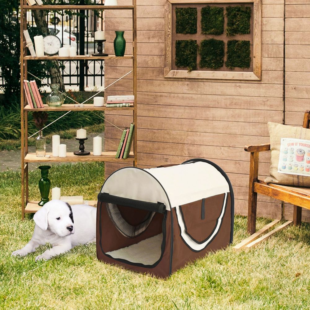 Folding Fabric Soft Pet Crate Dog Cat Travel Carrier Cage Kennel House Brown 46L x 36W x 41H cm