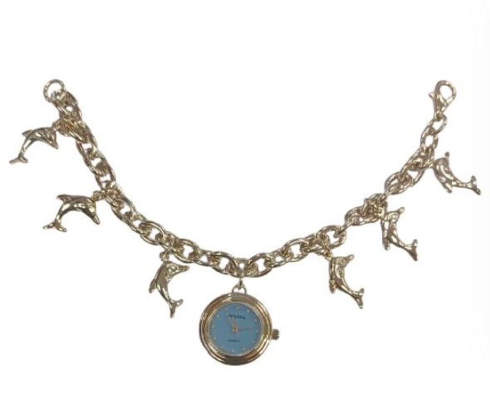 Ladies Girls Mini Dial with Hanging DOLPHIN Charms on Bracelet Strap Watch Gift Set (AL) - NEEDS RE-BATTERY
