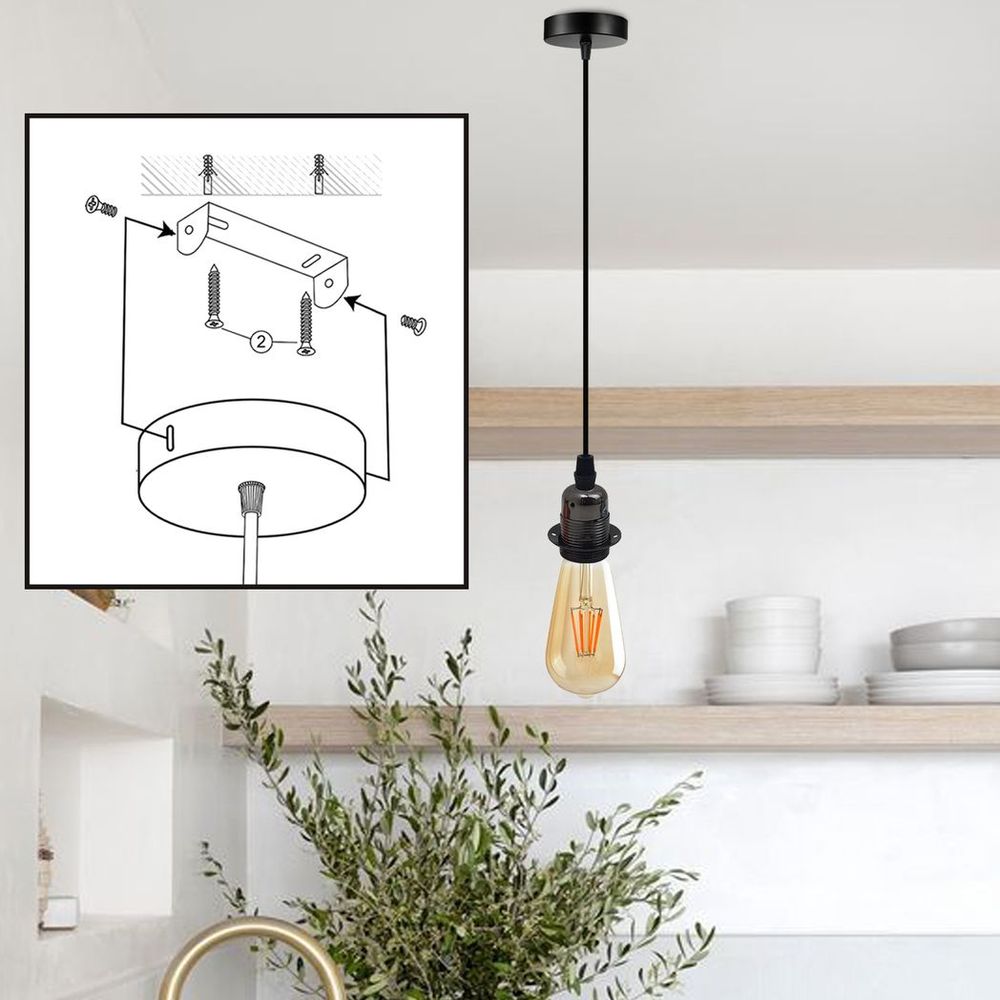 Vintage Industrial Black Pendant Light Fitting, lampshade Holder Fitting Set with 2m Cable. in Black