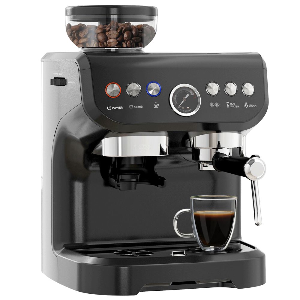 Espresso Machine w/ Integrated Grinder & Steam Wand - 15 Bar Pressure - Professional Quality