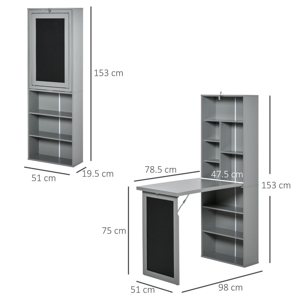Fold-out Convertible Writing Desk Wall Mount Cabinet with Blackboard and Side Shelf Multi-Function Home Office Workstation, Grey 98 x 51 cm