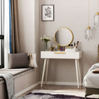 Elegant White Dressing Table with Round Mirror & 2 Drawers - Makeup Vanity Desk