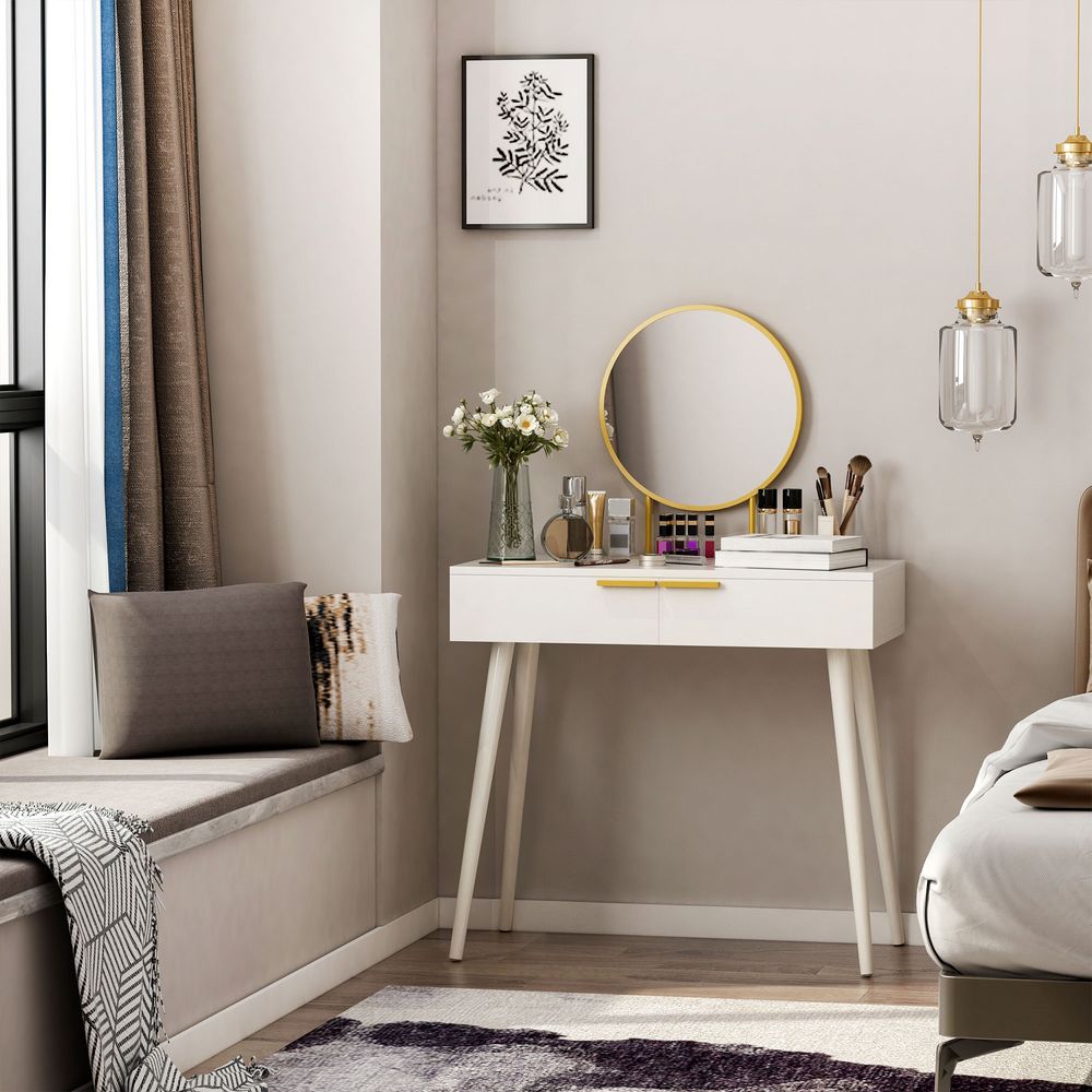 Elegant White Dressing Table with Round Mirror & 2 Drawers - Makeup Vanity Desk