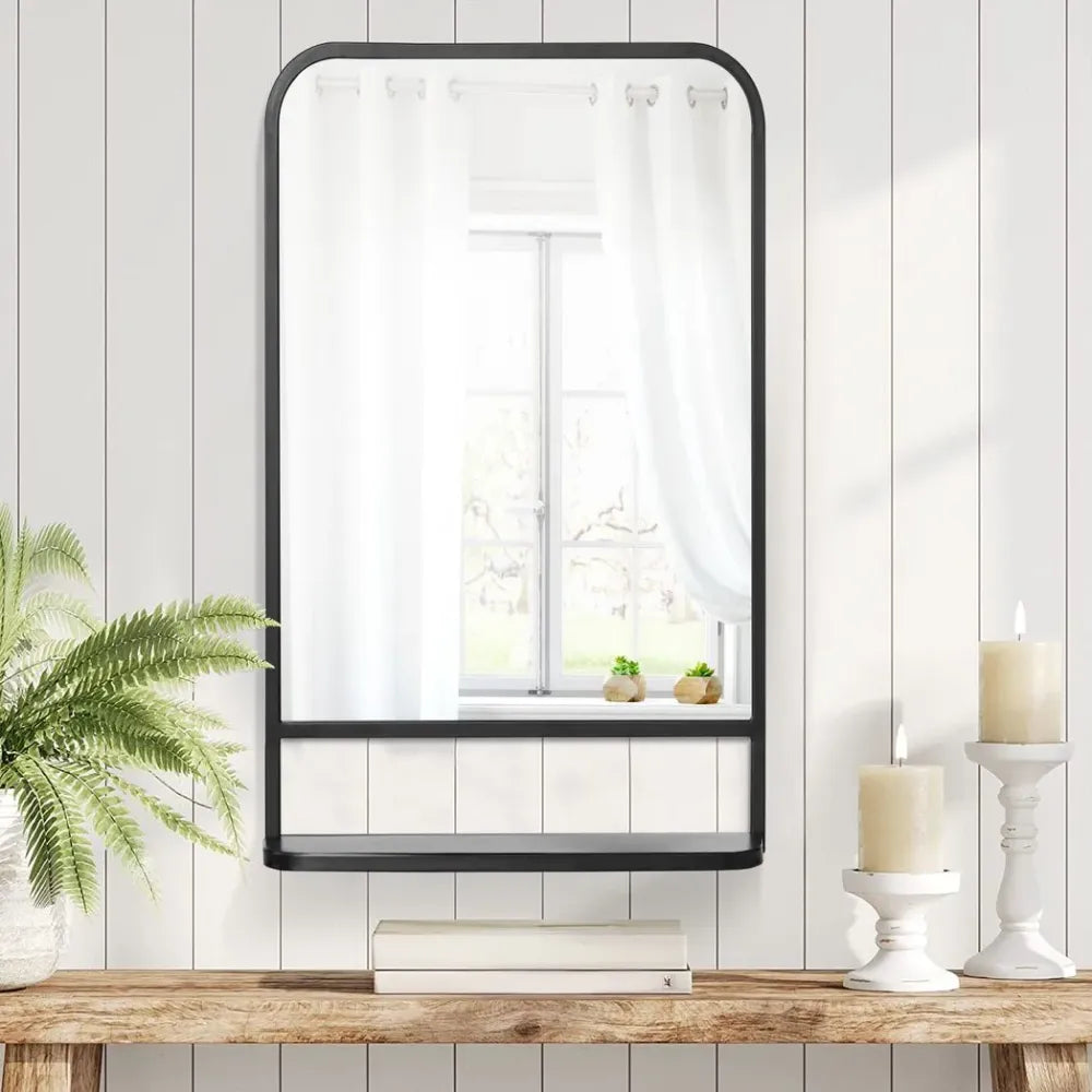 Sleek Square Wall Mirror w/ Shelf, 86x53 cm - Modern Mirrors for Living Room, Bedroom