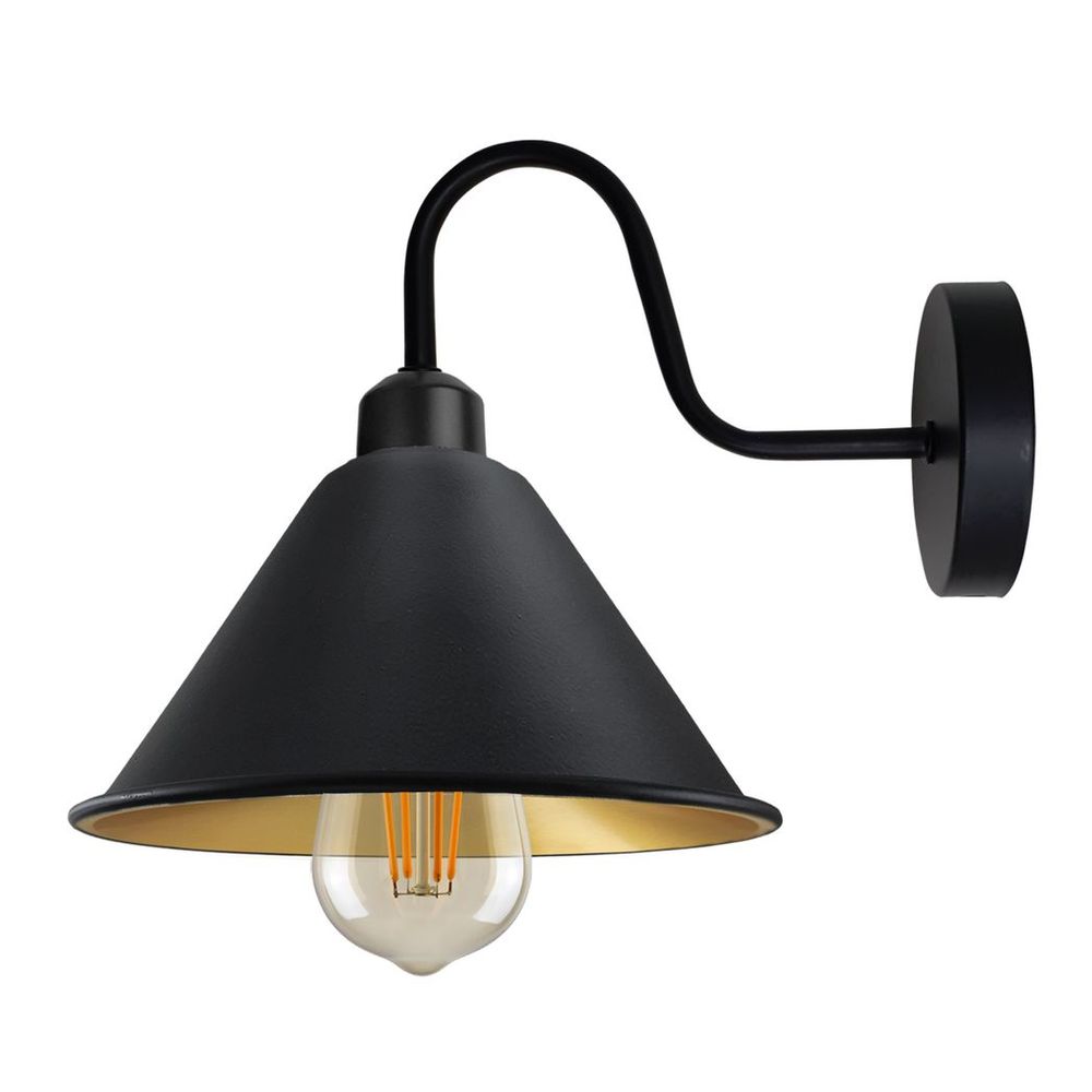 Vintage Black Gold Wall Light Fixture - E27 Base - Cone Shape Shade - Swan Neck