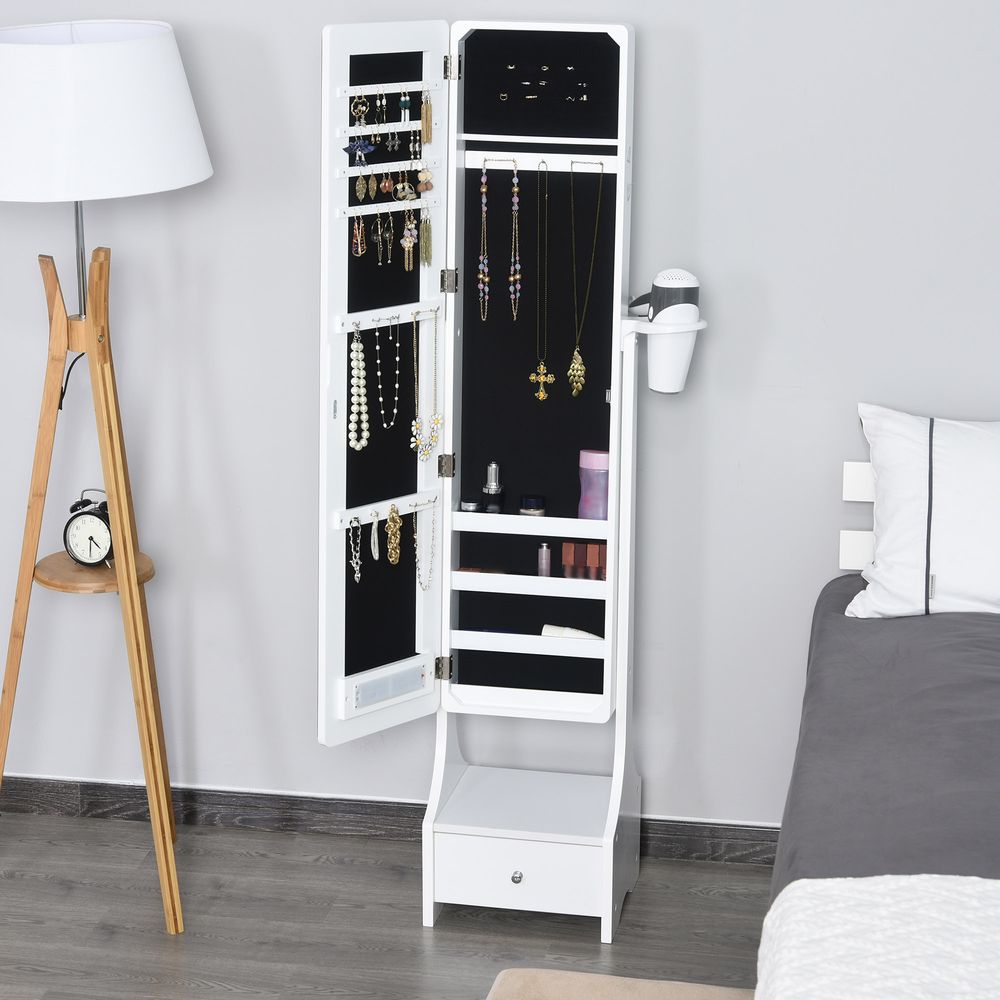 Jewellery Cabinet, Full Length Mirror with Storage, Free Standing Mirror with LED Lights, Hooks, Drawer and Hairdryer Holder for Bedroom, White