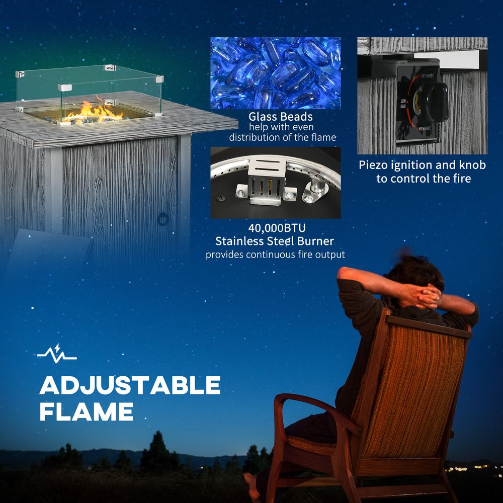 Gas Fire Pit Table - 40,000 BTU Burner, Cover, Glass Screen - Grey