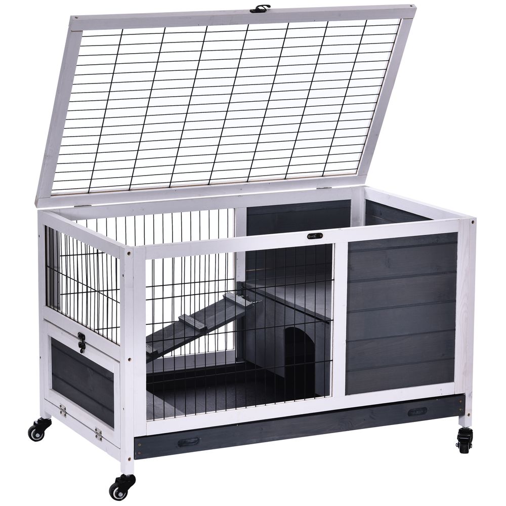 Wooden Rabbit Hutch Guinea House Bunny Small Animal Cage Openable Roof Portable Indoor Enclosed Run 90 x 53 x 59 cm White
