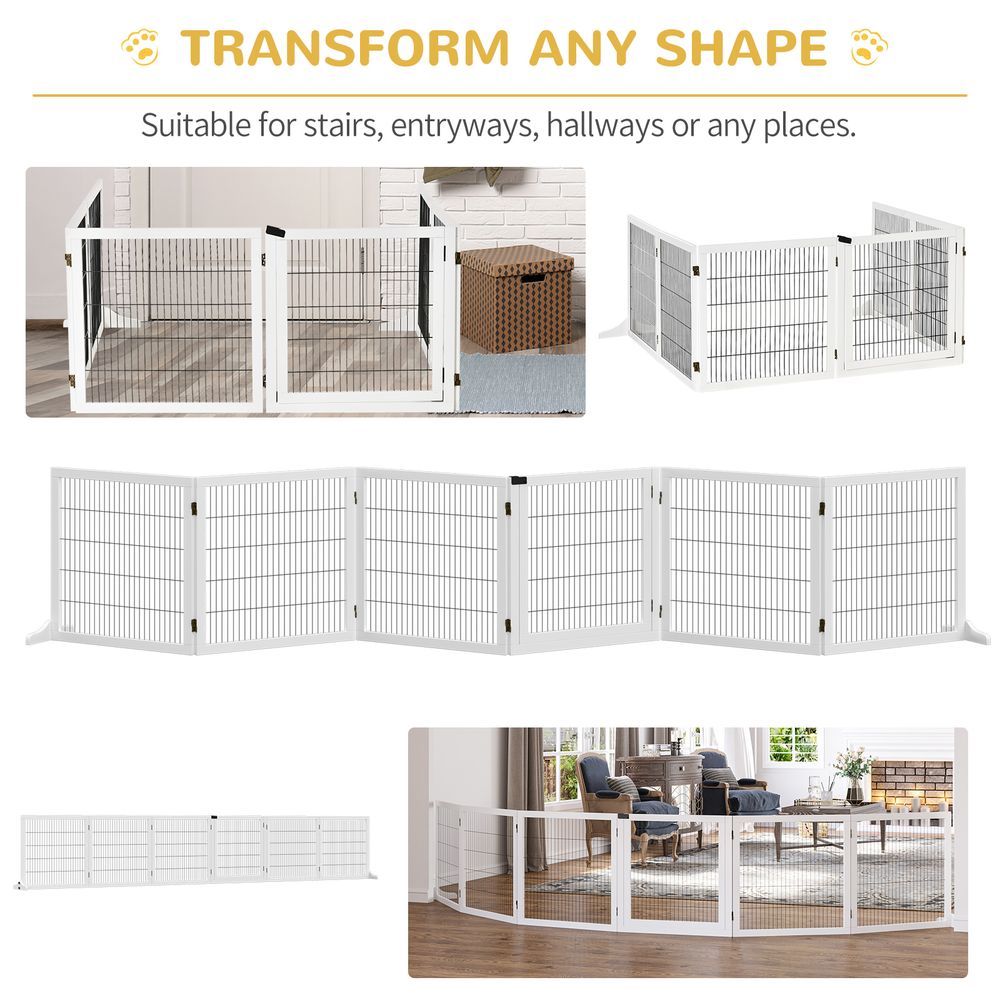 Freestanding Pet Gate, 6 Panel Foldable Playpen, Wooden Dog Gate with 2 Support Feet, for Stairs, Doorway - White