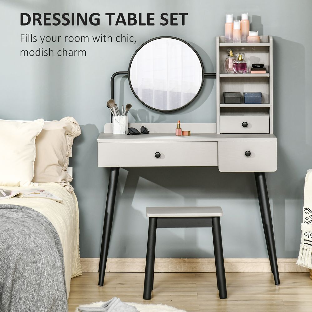 Grey Dressing Table Set: 3 Drawers, Storage Shelves & Stool - Stylish