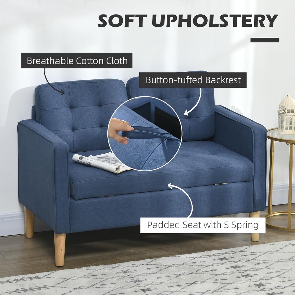 Compact Loveseat Sofa 2 Seater Sofa with Storage and Wood Legs Blue