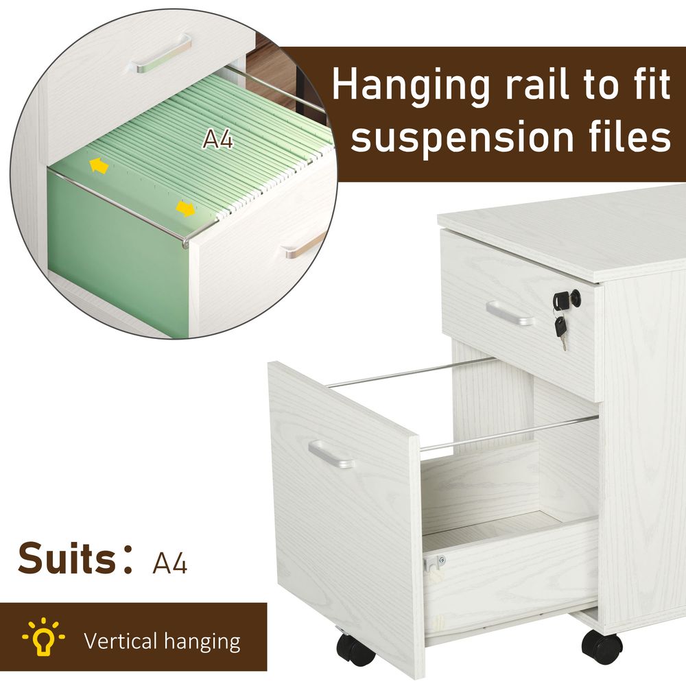 2-Drawer Locking Office Filing Cabinet 5 Wheels Rolling Storage White