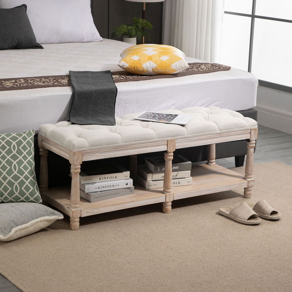 2-Tier Bed End Bench, Vintage Stool, Wooden Window Seat with Storage Shelf, Button Tufted Upholstered Footstool for Living Room, Bedroom, Entryway, Cream White
