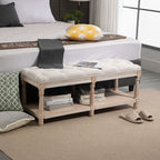 2-Tier Bed End Bench, Vintage Stool, Wooden Window Seat with Storage Shelf, Button Tufted Upholstered Footstool for Living Room, Bedroom, Entryway, Cream White