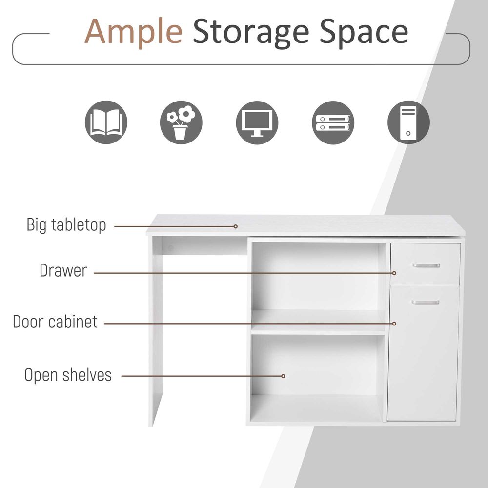 L-Shaped Desk, Corner Computer Desk, Adjustable Study Table with Storage Shelf, Drawer and Cabinet, Workstation for Home Office, White Wood Grain