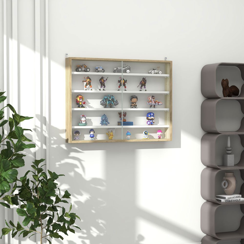 5-Tier Wall Display Shelf Unit Cabinet w/ Shelves Glass Doors Natural