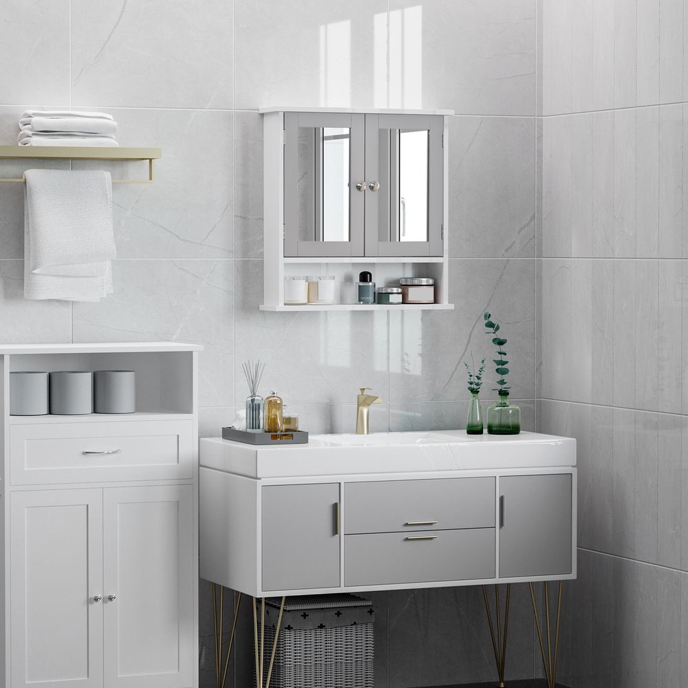 Stylish Grey Wall-Mounted Mirror Cabinet with Double Mirrored Doors - Space-Saving