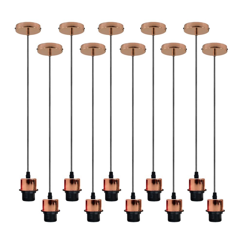 Industrial Rose Gold Pendant Light - 10 Pack, E27 Lamp Holder, Addable Lampshade