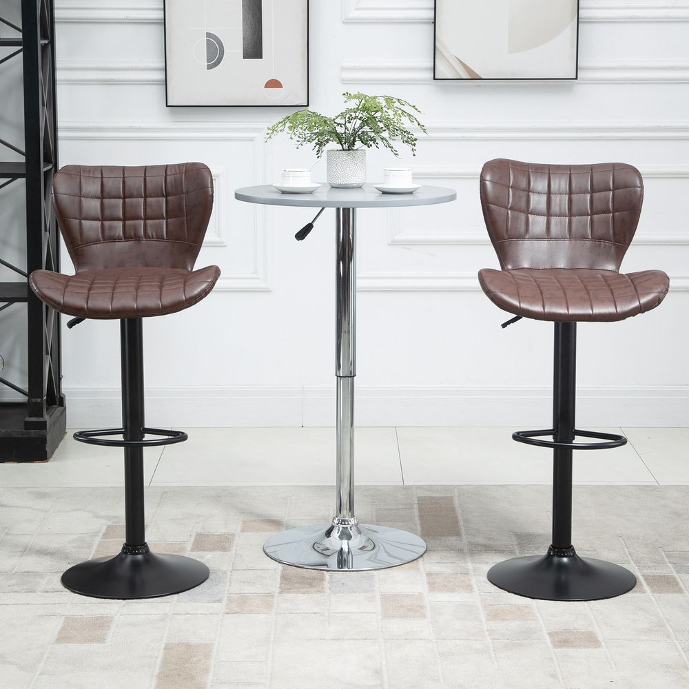 2 Brown PU Leather Swivel Bar Chairs - Adjustable Height, Backrest