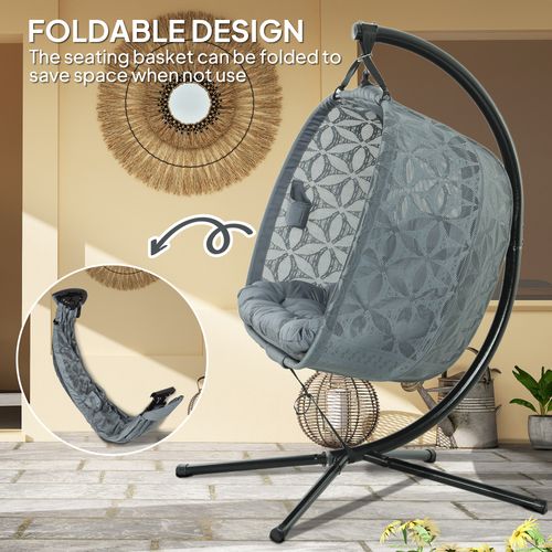 Double Hanging Swing Chair w/ Stand & Cup Holders, Charcoal Grey