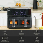 Dual Basket Air Fryer 8L - 8 Presets Cookbook Timer 2500W - for Family Size Meals