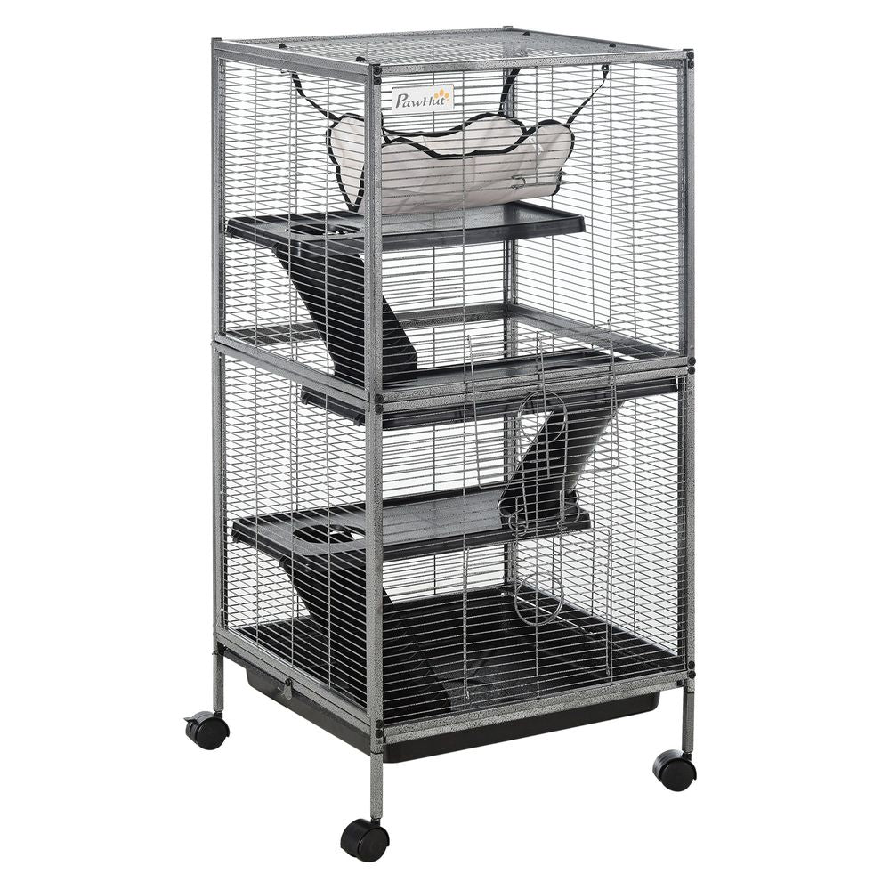 Small Animal Cage with Wheels Pet Home for Chinchillas Ferrets Kittens, with Hammock, 4 Platforms, Removable Tray, Grey