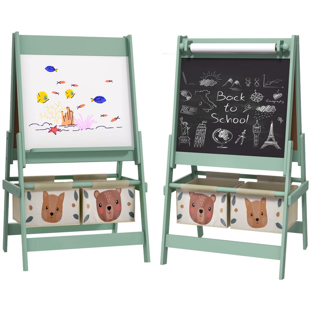 Kids Easel with Paper Roll, 3 in 1 Art Easel for Children, with Blackboard, Whiteboard, Storage Baskets, Green