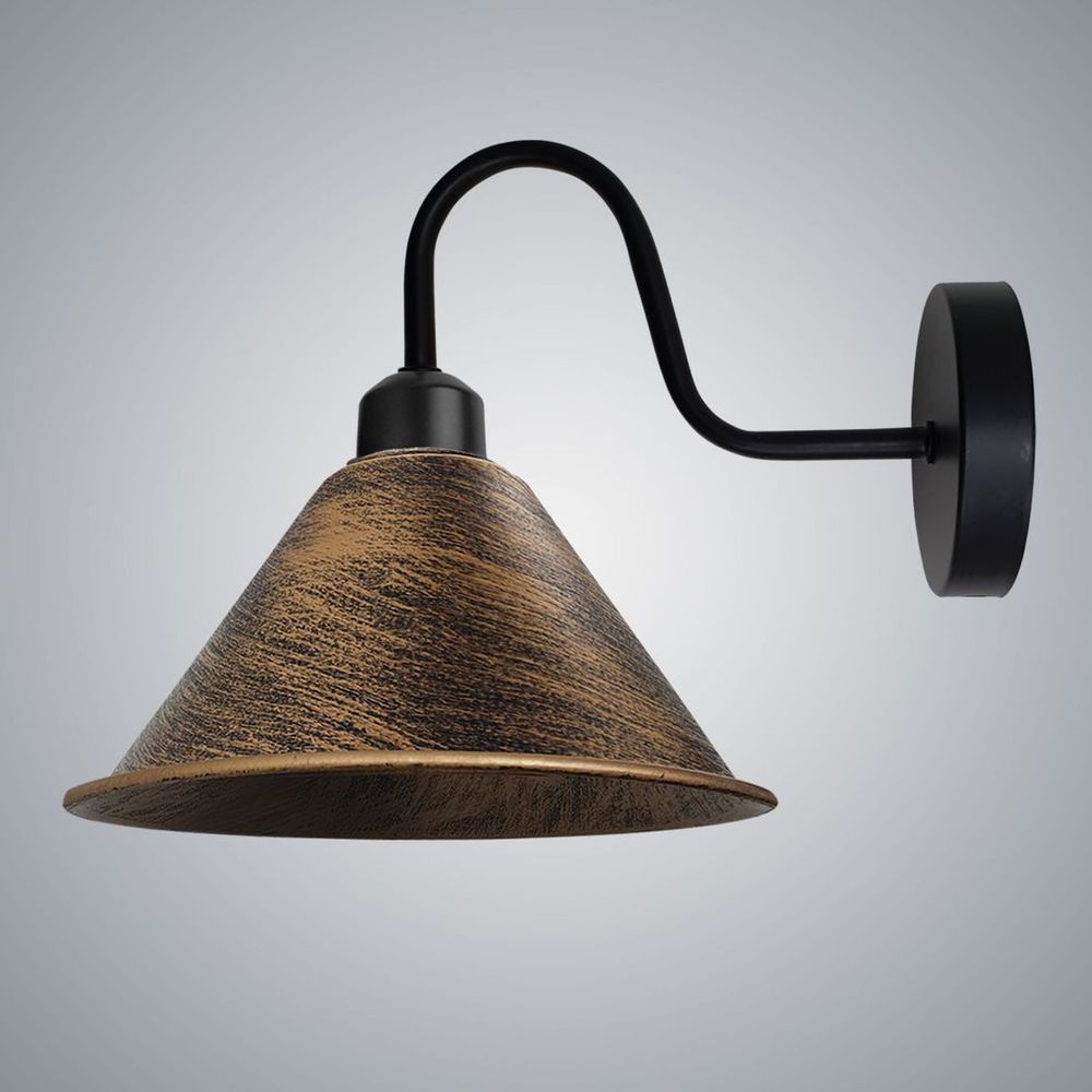 Vintage Brushed Copper Wall Light - Black Sconce - Cone Shade - Swan Neck - Quality Craft - Dimmable - E27 Base