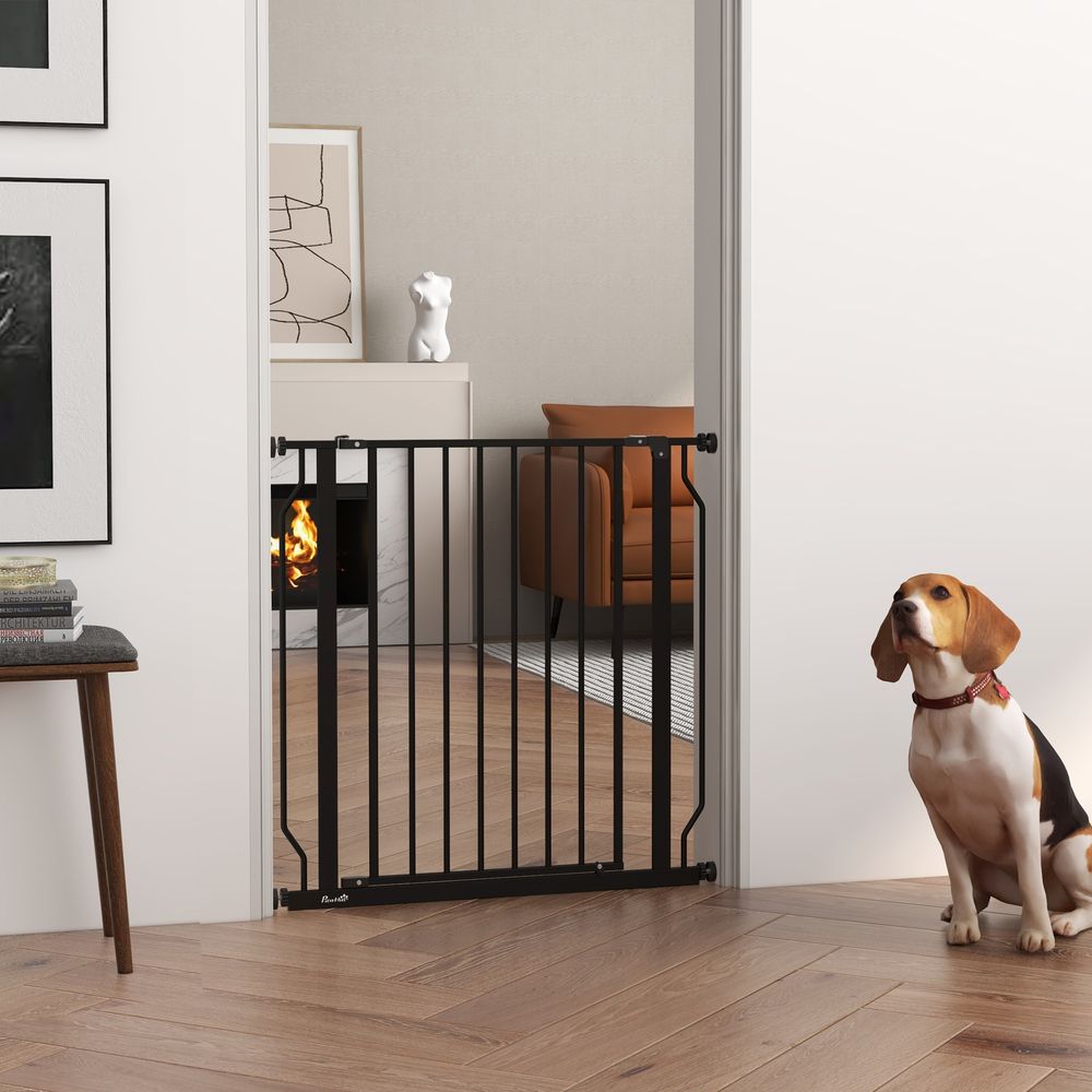 Dog Gate: Wide Stair Gate w/ Door, Pressure Fit, Black, Easy Setup - Keeps Pets Safe & Secure