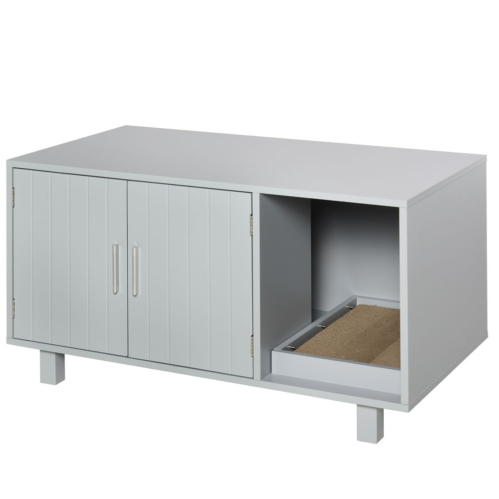 Stylish Grey Cat Box Furniture w/ Scratch, Magnetic Doors - Multipurpose Kitty Enclosure, Easy to Clean - !