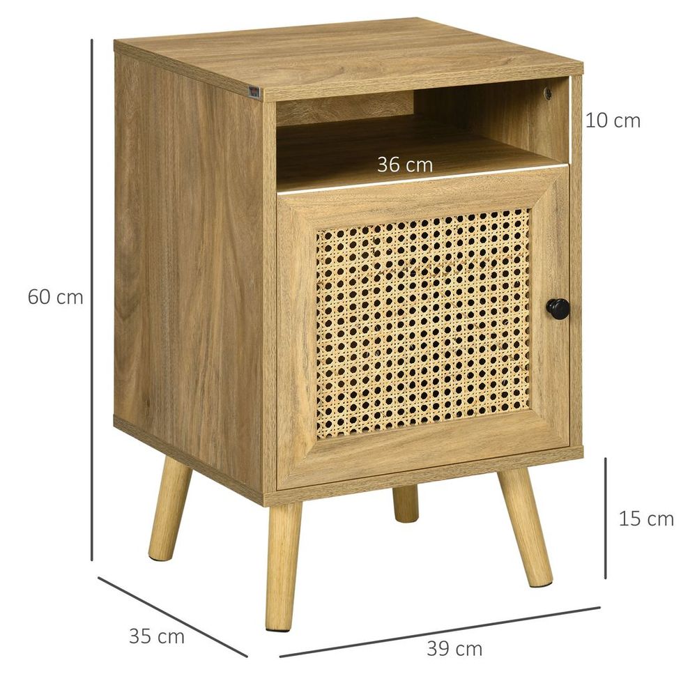 Nightstand, Rattan Bedside Table, Sofa Side Table w/ Cabinet, Shelf