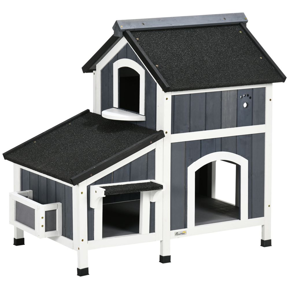 Wooden Cat House Outdoor w/ Flower Pot, Window, Multiple Entrances