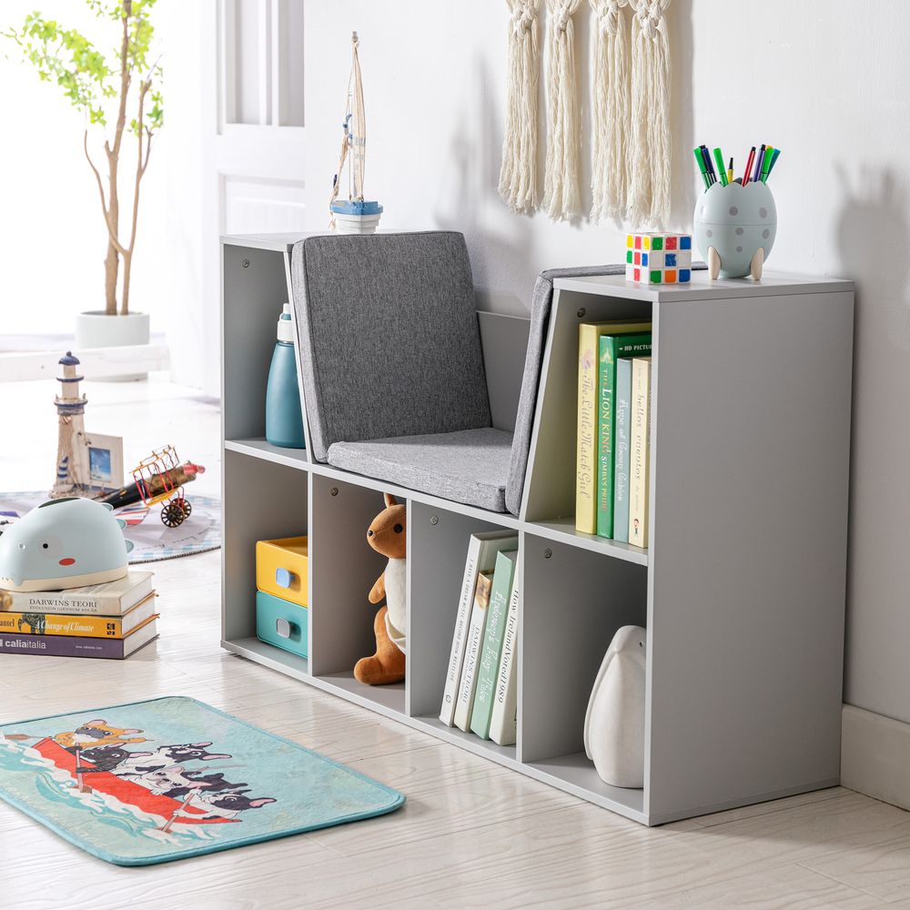 Kids Bookcase Shelf Storage Cabinet Unit, Living Room Sideboard w/Six Compartments for Toys, Books - Grey