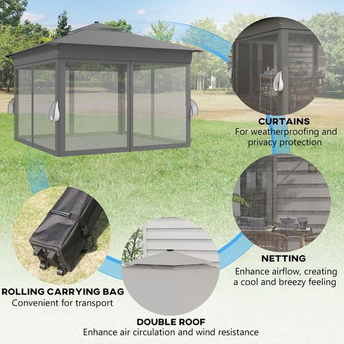 3x3(m) Pop Up Gazebo w/ Solar-Powered LED Lights Curtain Netting Grey