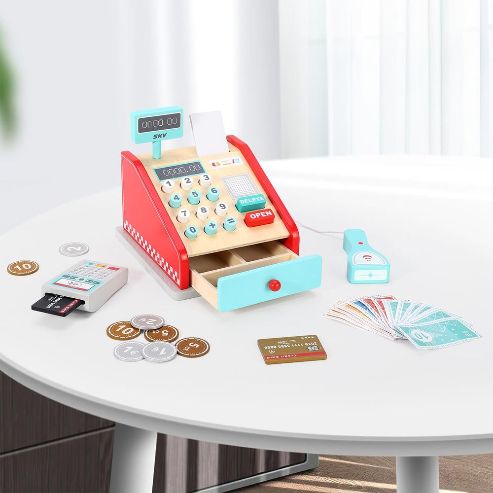 Wooden Cash Register-Red & Mint: Realistic Accessories, Authentic Game Experience