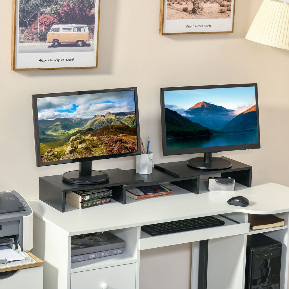 Dual Monitor Stand Riser with Adjustable Length and Angle, Screen Riser for Laptop, Computer, PC, Printer, TV, Black