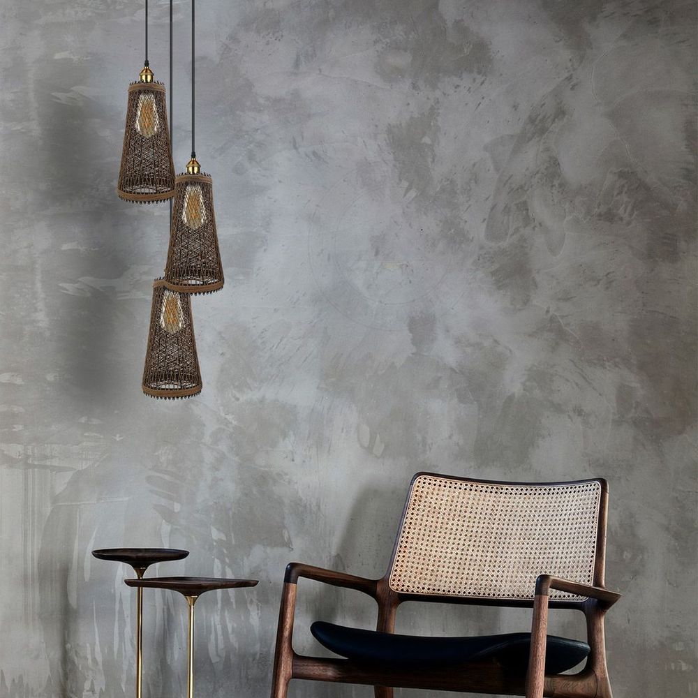 3 Head Natural Wicker Basket Style Retro Industrial Vintage Rattan Ceiling Pendant in Rattan