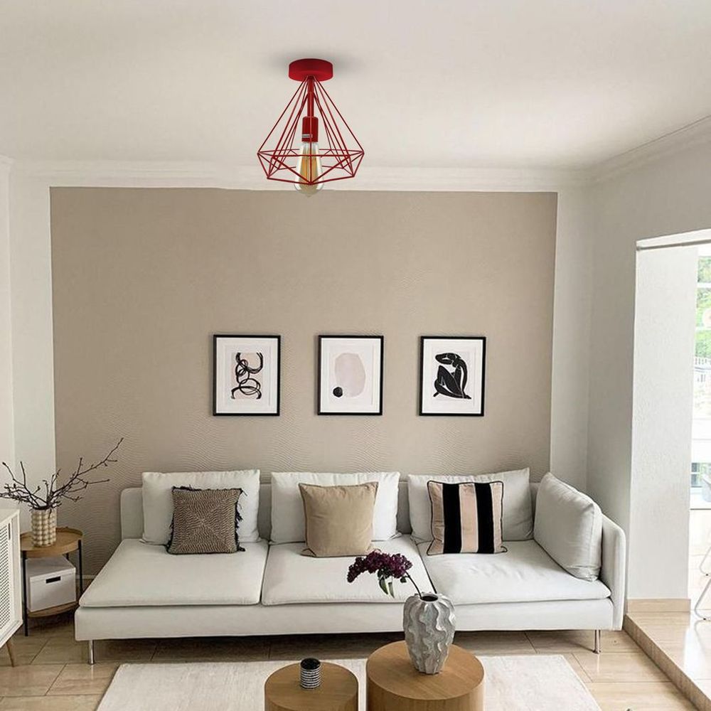 Vintage Red Metal Cage Semi Flush Mount Ceiling Light - E27 Holder - Elegant and Stylish