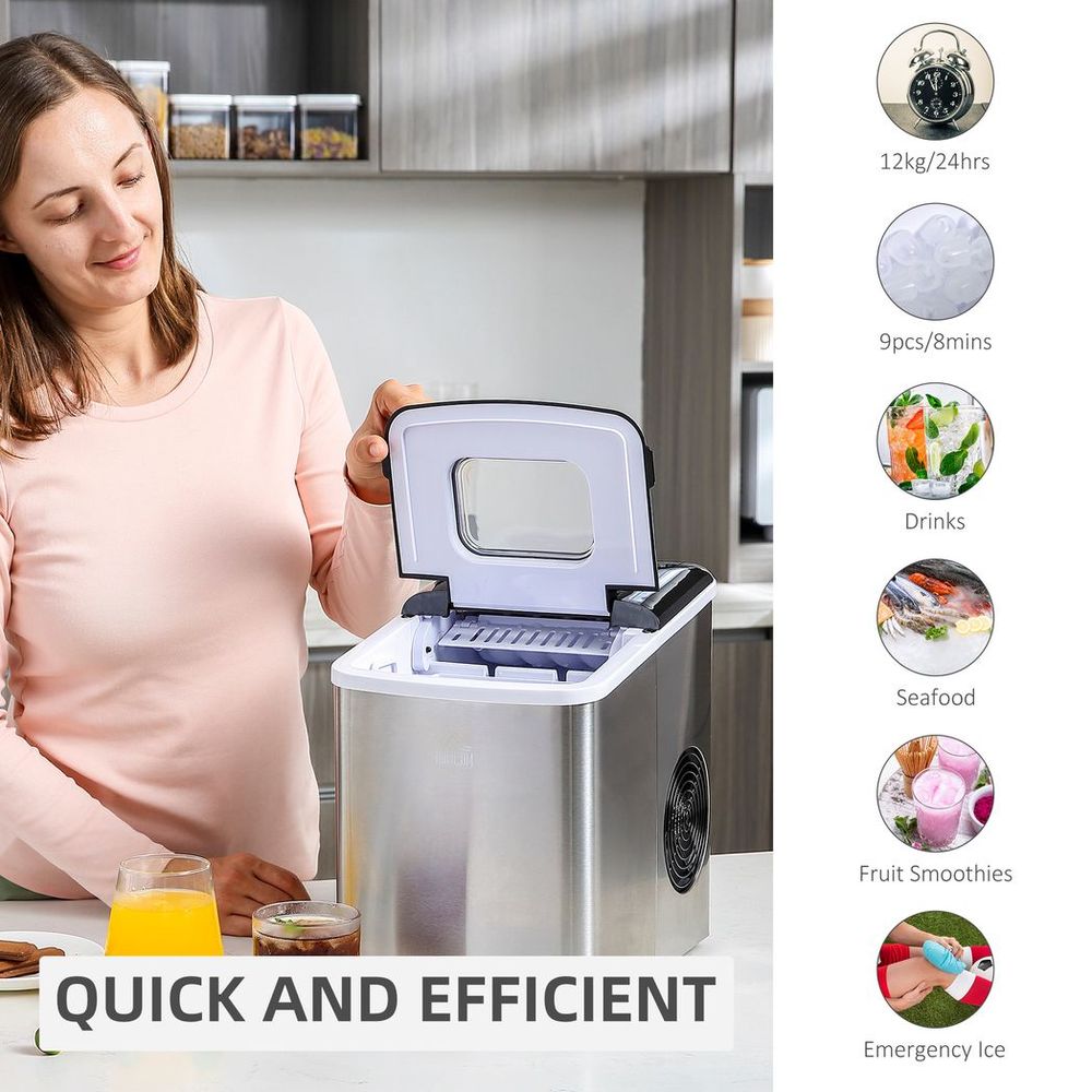 Portable Ice Maker - 12kg Capacity - Self-Cleaning - Home Ice Machine - Black