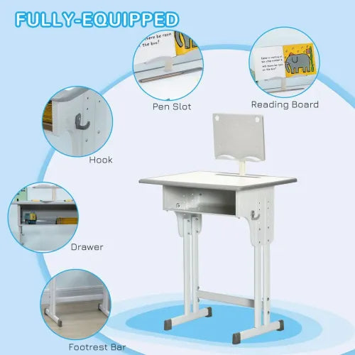 Kids Desk and Chair Set Adjustable Height Study Table Set w/Drawer, Book Stand, Pen Slot - Grey