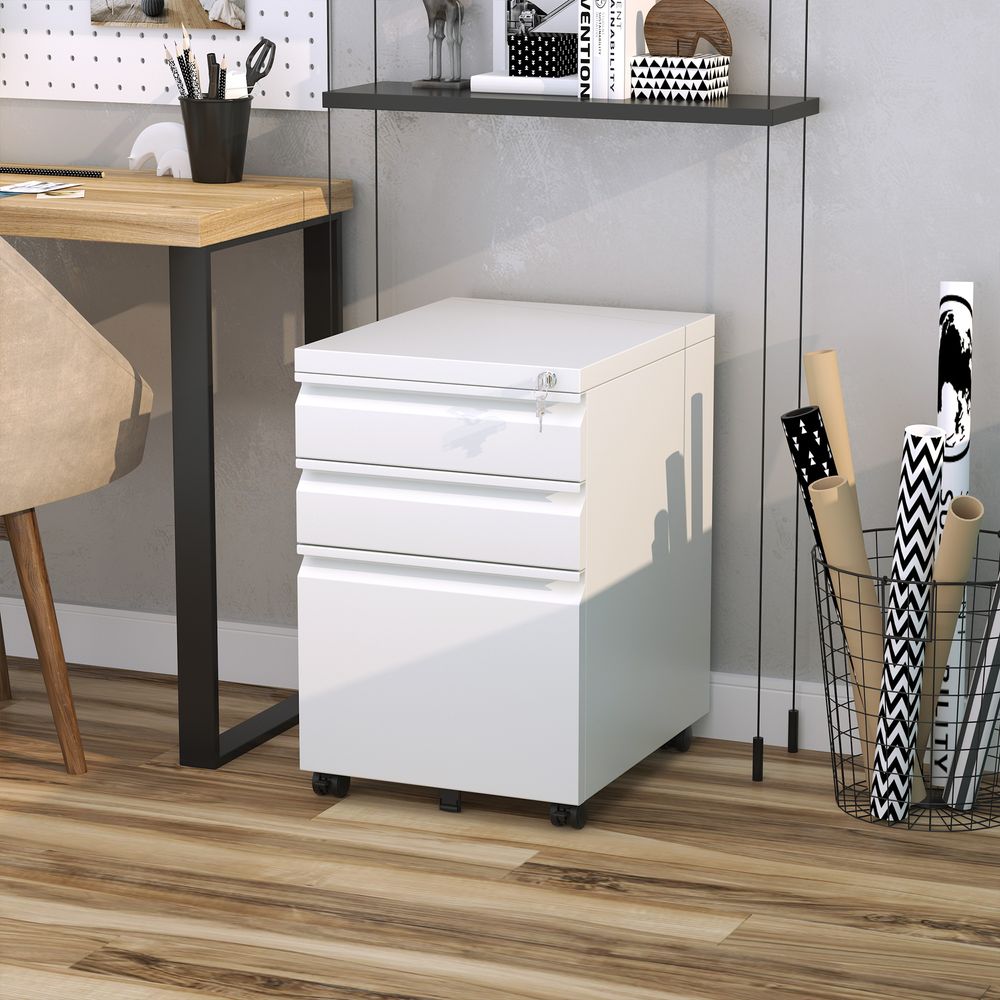 Mobile Vertical File Cabinet Lockable Metal Filling Cabinet with 3 Drawers Anti-tilt Design for Letter A4 Legal Size Fully Assembled Except Casters White