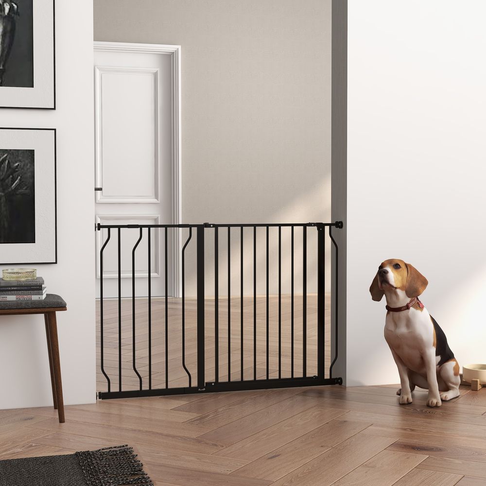 Dog Gate - Wide Stair Gate with Door - Pressure Fit - Black