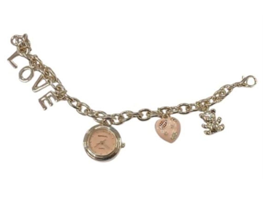 Ladies Girls Mini Dial with Hanging LOVE Charms on Bracelet Strap Watch Gift Set (AL) - NEEDS RE-BATTERY