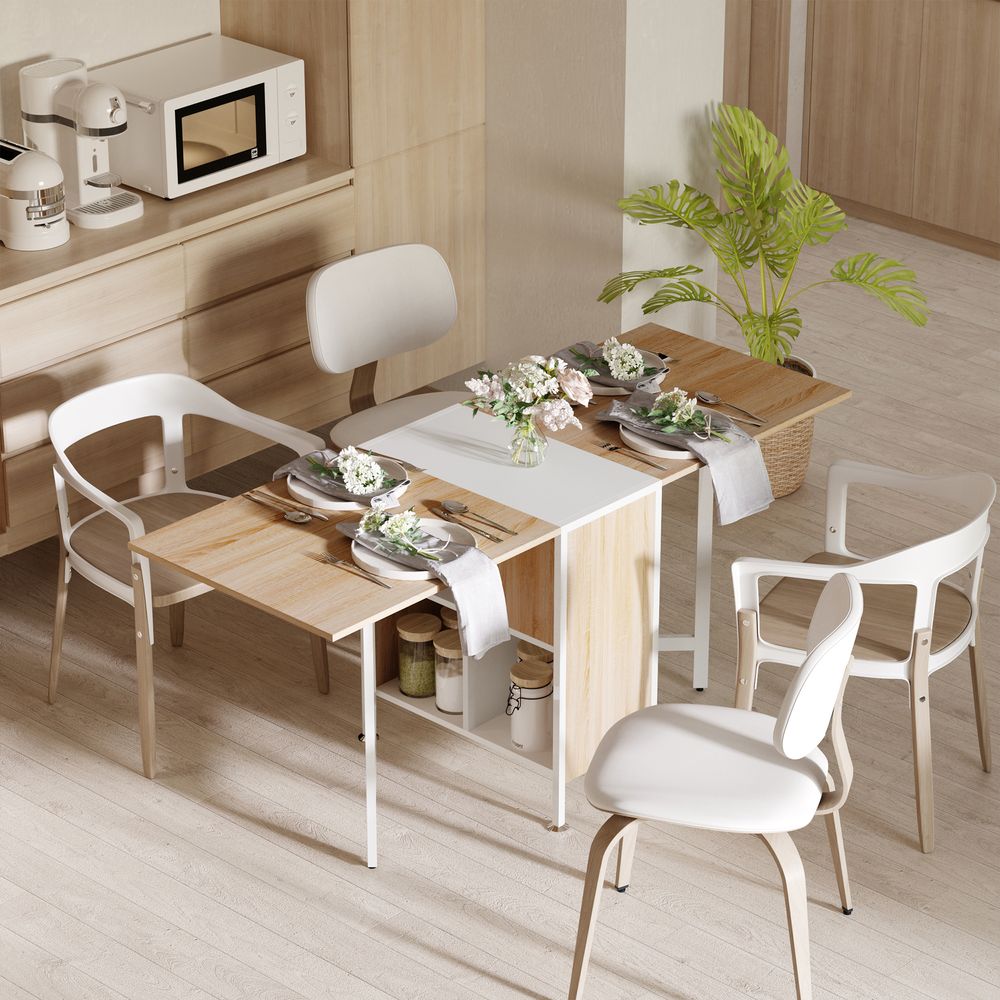 Foldable Drop Leaf Dining Table Folding Workstation for Small Space with Storage Shelves Cubes Oak & White